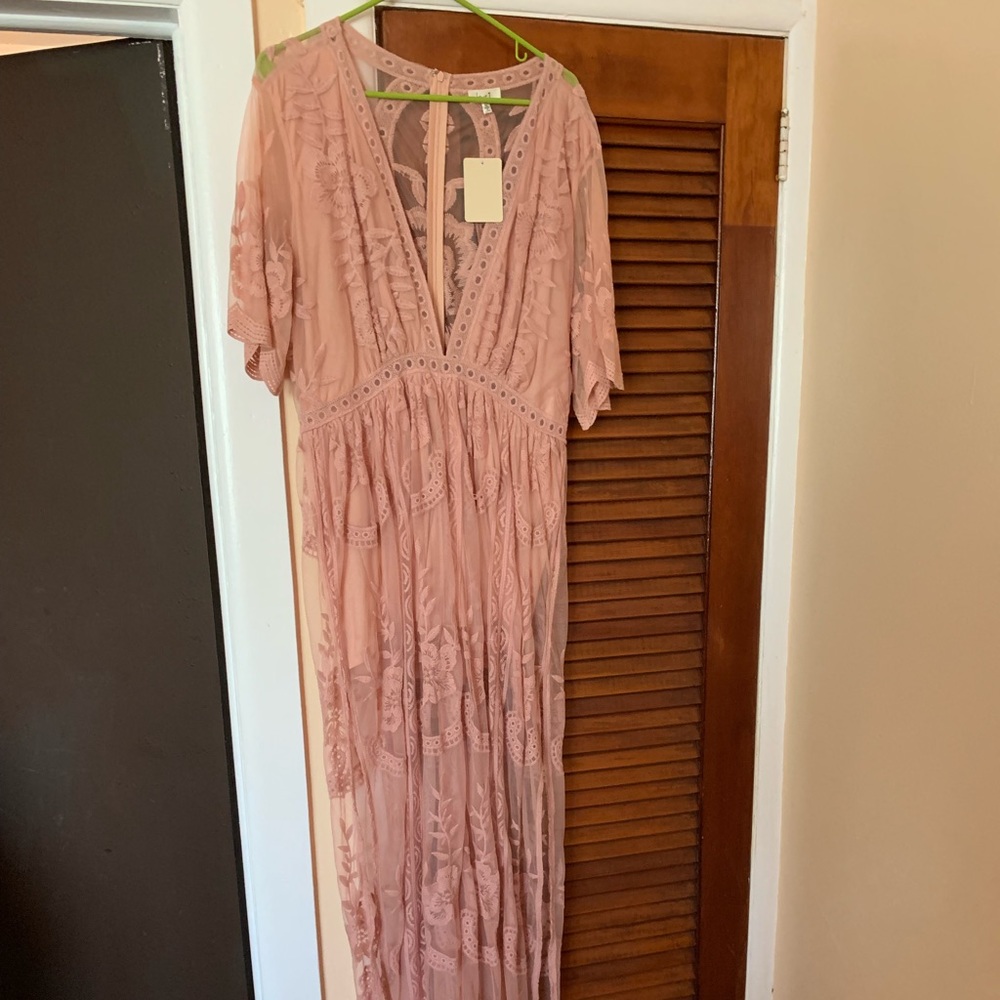 Rose pink sheer lace floor length dress
